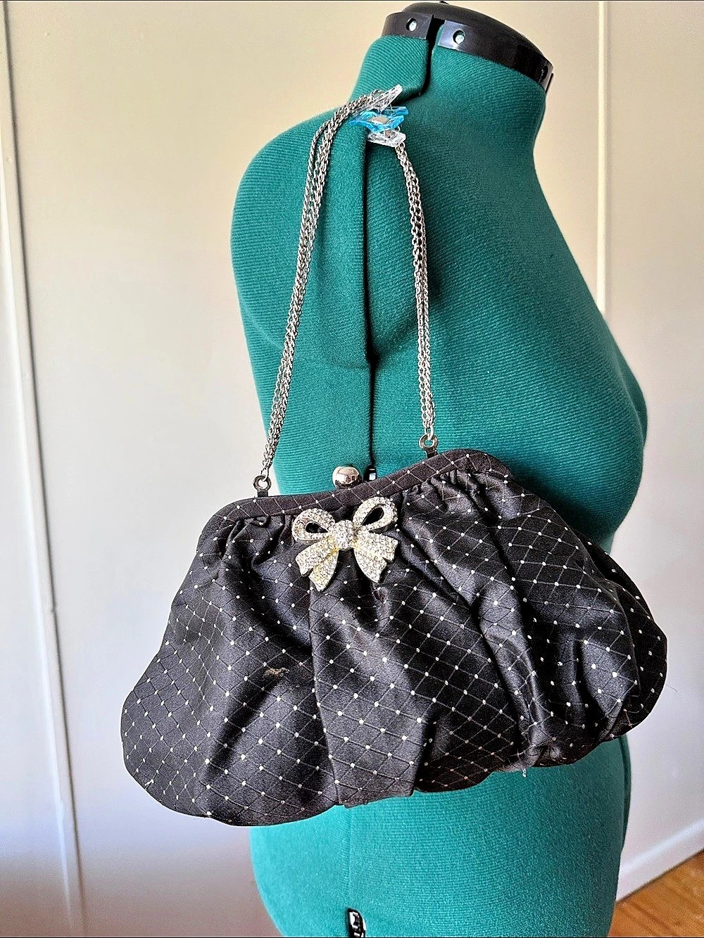 Betsey Johnson Black Beaded Bow Frame Clutch